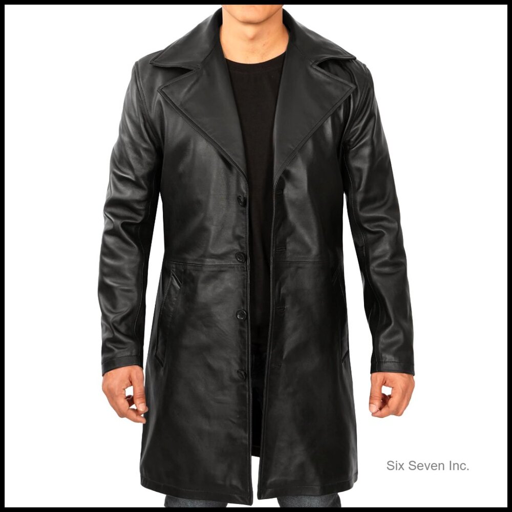 Lambskin Leather Jacket Men Button Front Mid Thigh Length